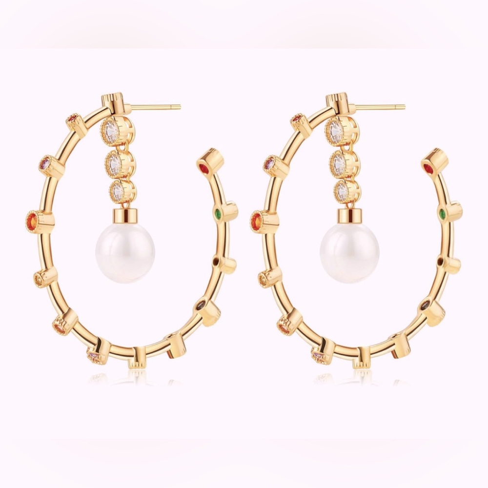 Gorgeous 18kt Dip Dillards Gemstone Pearl Dangle Hoop Earrings